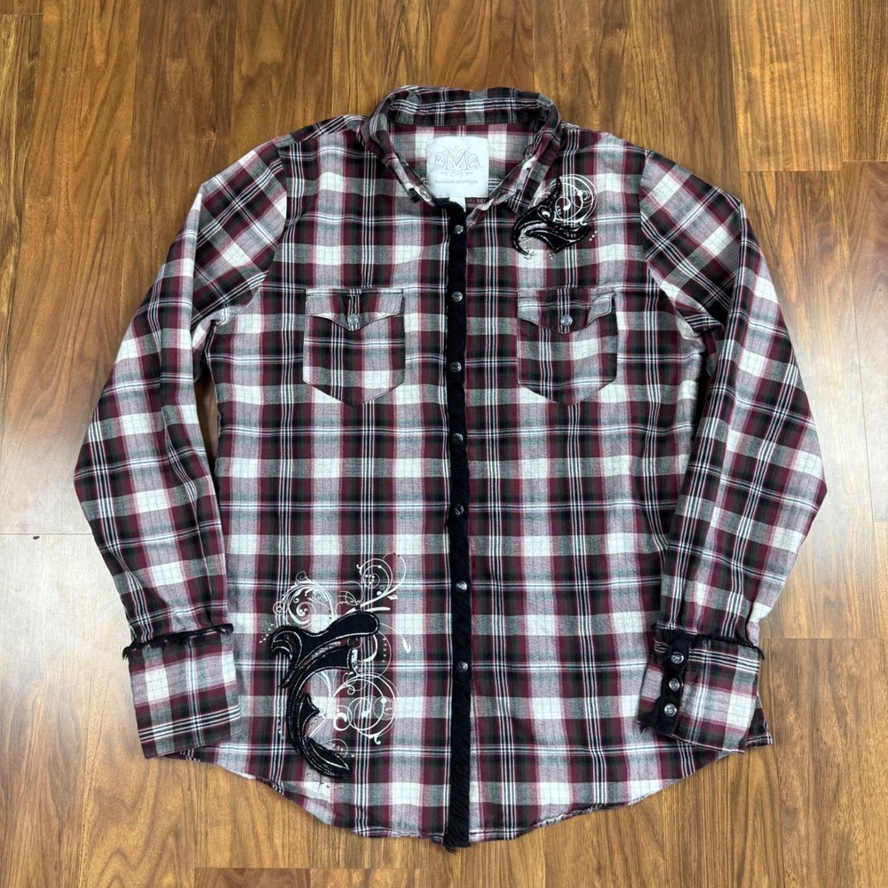 Women's Western Plaid Button Down Shirt Gothic Rhinestone Red Grey L Maurices